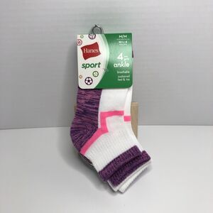 Ankle Socks Girls Shoe Size 10.5-4 Hanes Sport 4-Pair